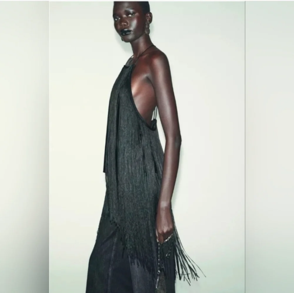 ZARA Fringed Velvet Halter Top Black Size XS S